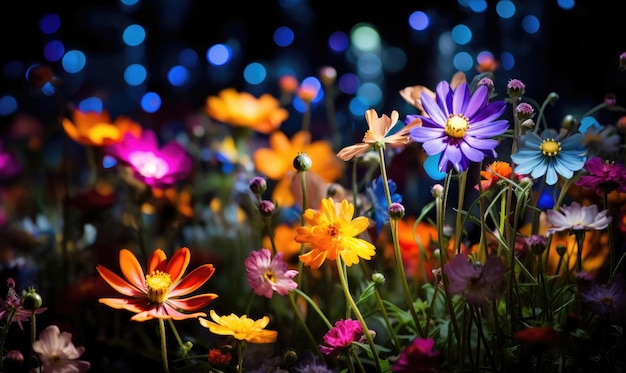 초현실적 인 풍경에서 생명으로 빛나는 울창하고 생생한 야생 꽃 디스플레이 AI Generative