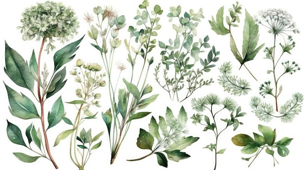 Lush Watercolor Illustration of Forest Herbs and Greenery with Baby's Breath and Green Leaves