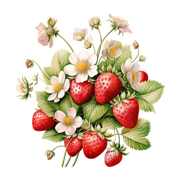 Lush watercolor illustration of a strawberry bush featuring ripe berries and delicate flowers in full bloom