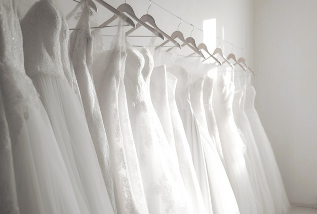 Lush white wedding dresses hang in a row on a hanger showroom AI generated