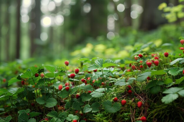 Photo lush wild strawberries thriving on a forest floor