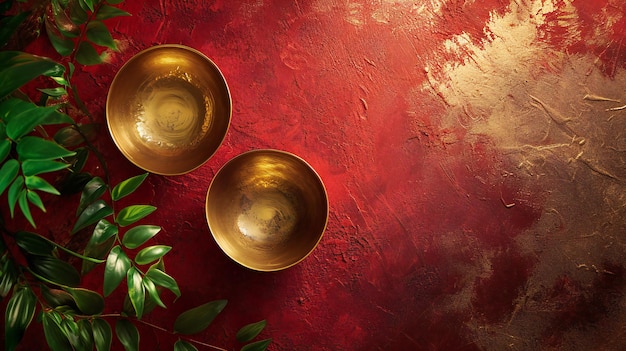 Lustrous Brass Bowls on Textured Red Backdrop with Green Leaves