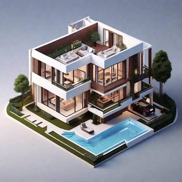 Luxe 3D-weergave van mooi isometrisch huis