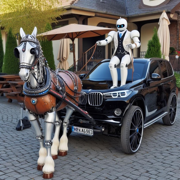 Luxe aangepaste koets van Duitse sedan omgebouwd tot reiswagen caravan gereden door robot butler getrokken door bruine sterke paarden rijdt in de stad buurt in het centrum van de stad dystopische toekomst ai gegenereerd