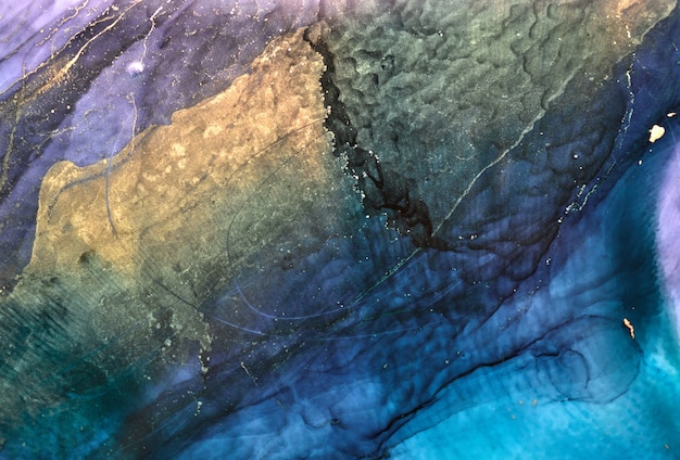 Luxe abstracte achtergrond in alcohol inkt techniek, indigo blauw goud vloeibare schilderij, verspreide acryl blobs en wervelende vlekken, gedrukte materialen