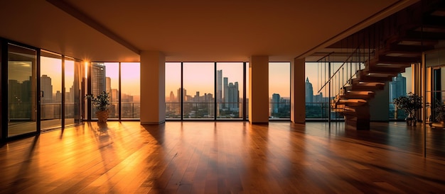 Luxe appartement interieur met groot raam met uitzicht op de stad bij zonsondergang