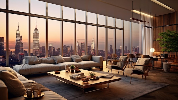 Luxe Appartement Skyline Stadszicht Penthouse Woonkamer Generatieve AI