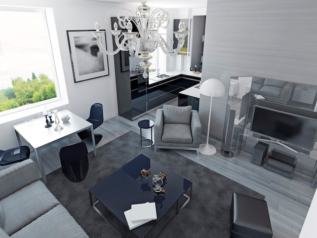 Luxe appartementen in moderne stijl. Woonkamer studio met eetkamer en zwart gekleurde keuken, duur mediacentrum. 3D render