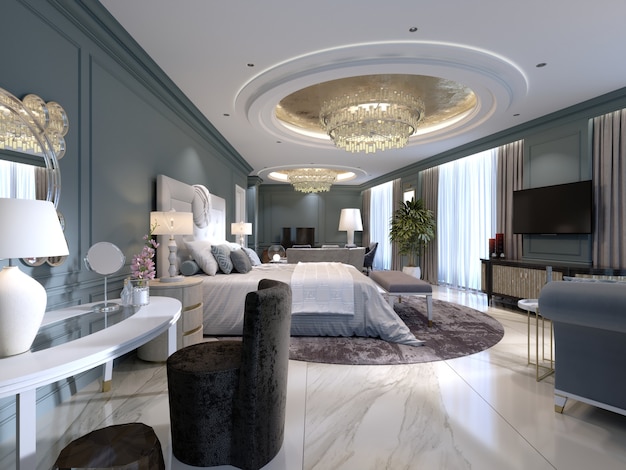 Luxe appartementen met een slaapkamer en woongedeelte in eigentijdse stijl met klassieke elementen, blauwe muren en lichte meubels. 3D-rendering
