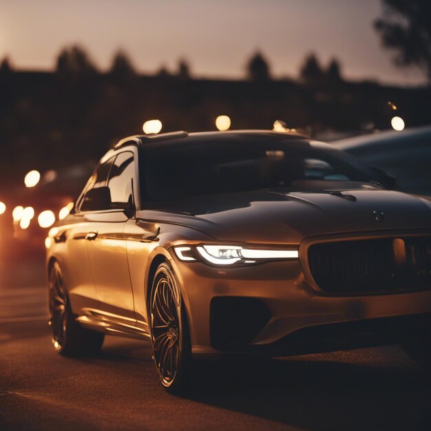 Luxe auto geparkeerd op de snelweg met een verlichte koplamp bij zonsondergang