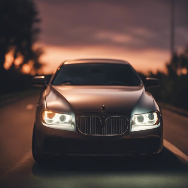 Luxe auto geparkeerd op de snelweg met een verlichte koplamp bij zonsondergang