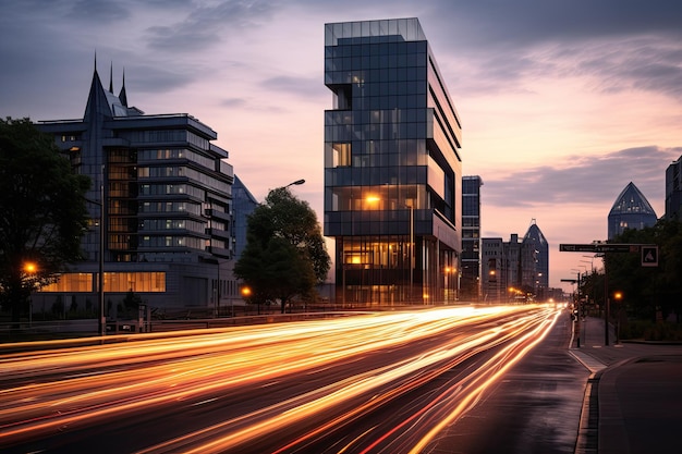 Luxe auto's rijden bij zonsondergang langs moderne gebouwen.