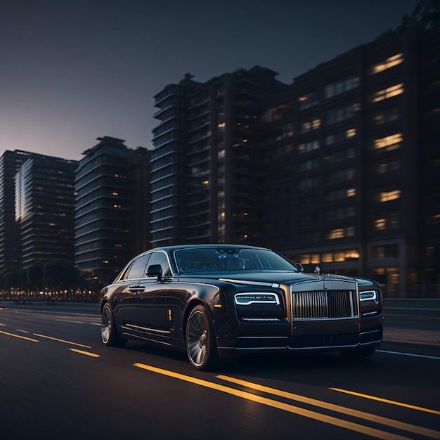 luxe auto snelheden door modern gebouw in de schemering generatieve rolls royce