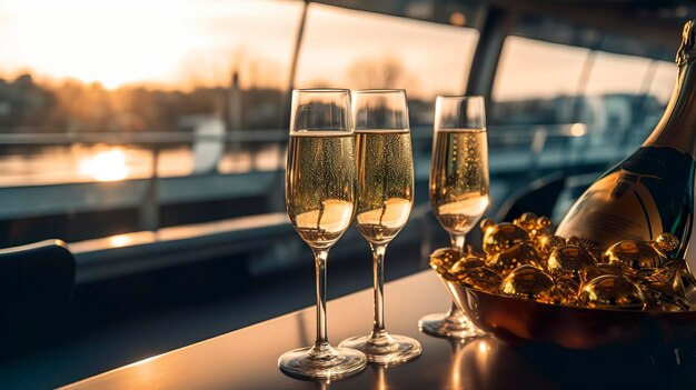 Luxe avondfeest op een cruisejacht met een champagne set Champagne glazen en flessen met champagne met bokeh jacht op de achtergrond niemand AI Generative