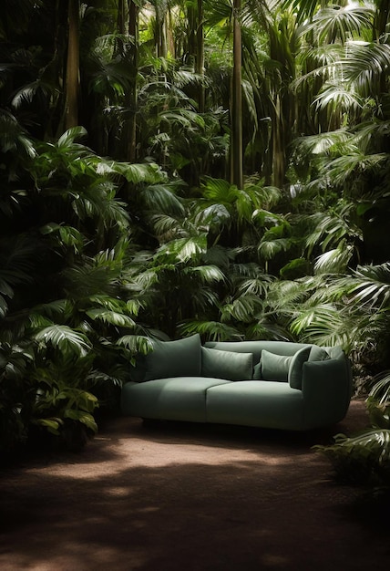luxe bank in het tropische bos Daglicht Filmische generatieve ai-illustratie