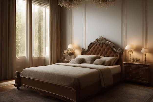 luxe bed in het regenwoud Cinematic en de brede weide daglicht generatieve ai