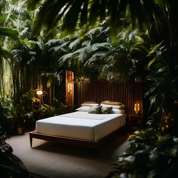 luxe bed in het regenwoud Cinematic en de brede weide daglicht generatieve ai