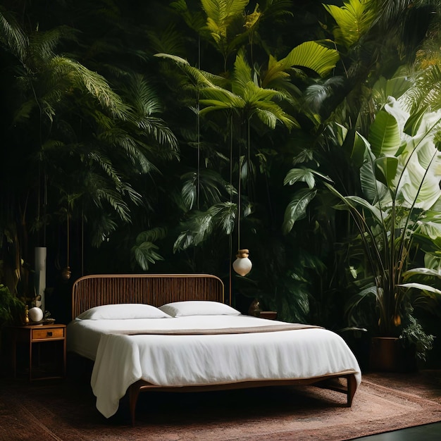 luxe bed in het regenwoud Cinematic en de brede weide daglicht generatieve ai
