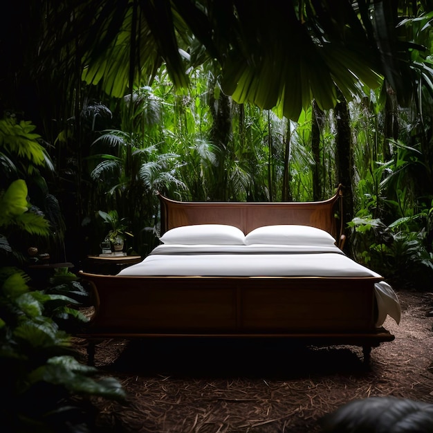 luxe bed in het regenwoud Filmisch en de brede weide daglicht generatieve ai