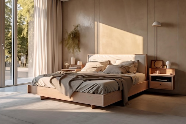 Luxe beige slaapkamer met inloopkast en badkamer 3D interieur Mockup Ai generatief