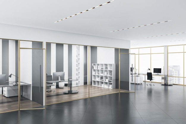 Luxe betonnen glazen kantoorinterieur met daglicht en houten vloeren Werkplek ontwerpconcept 3D Rendering