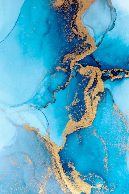 Luxe blauwe abstracte achtergrond van marmeren vloeibare inkt kunst schilderij op papier.