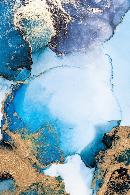 Luxe blauwe abstracte achtergrond van marmeren vloeibare inkt kunst schilderij op papier.
