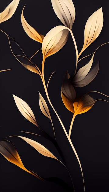 Luxe bloemen digitale afbeelding achtergrond met gouden kleuren in lijn kunststijl Botanische poster met aquarel bladeren in kunst lijnstijl voor decor ontwerp behang verpakking