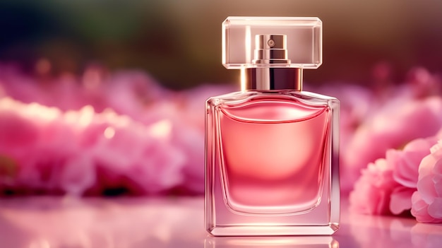 Luxe bloemengeur geurfles en roze bloemen parfum commercieel in bloementuin op maat gemaakte parfumerie en schoonheidsproducten verkoop generatieve ai