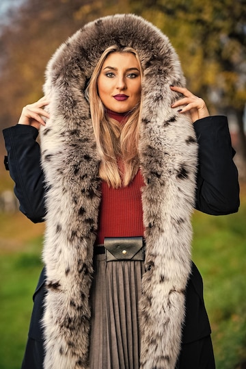 Luxe bont schoonheid en mode vrouwen dragen een jas met enorme harige capuchon nepbont meisjeswandeling in het herfstpark bontkleding echt warm en gezellig dure kleding merk uit het luxe segment