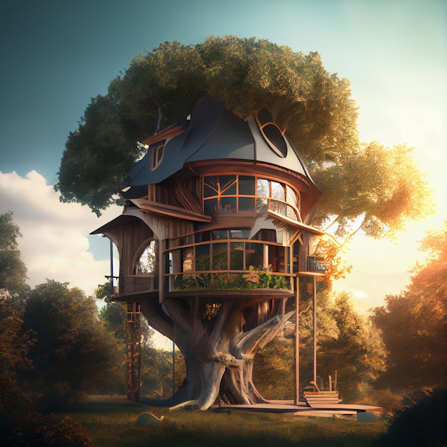 Luxe boomhut in het bos 3d render illustratie