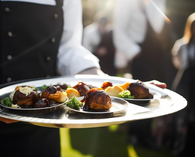 Luxe bord met hapjes geserveerd door een ober op een exquise gebeurtenis in de buitenlucht, lekker eten nabewerkte generatieve ai