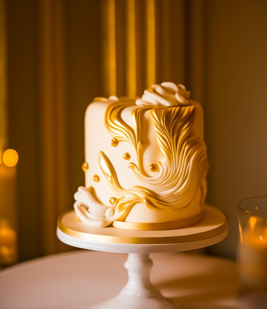 Luxe bruidstaart exclusief high-end design prachtig gedecoreerde professionele one-tier premium cake als hoofddessert voor exquise huwelijksfeest Generative Ai