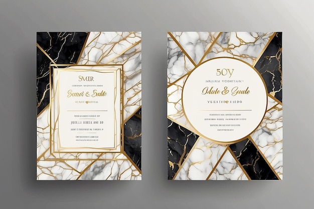 Foto luxe bruiloft uitnodigingen met gouden marmer textuur en geometrisch patroon vector ontwerp sjabloon