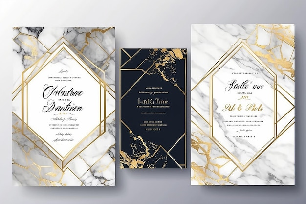 Foto luxe bruiloft uitnodigingen met gouden marmer textuur en geometrisch patroon vector ontwerp sjabloon