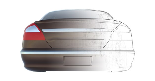 Luxe bruine sedan auto, die de technische basis van het model kruist. 3D-weergave.