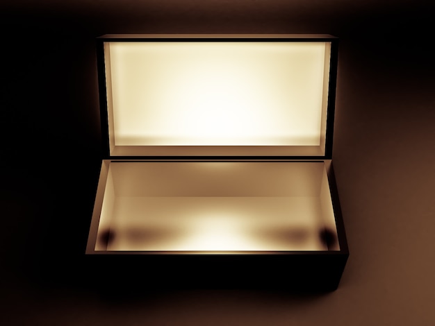 Luxe cadeauverpakking voor de feestdagen. De doos is goud van binnen en donker van buiten. 3D illustratie, 3D-rendering.