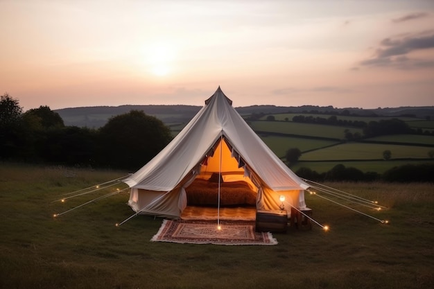 Luxe camping glamping op het platteland bij zonsondergang