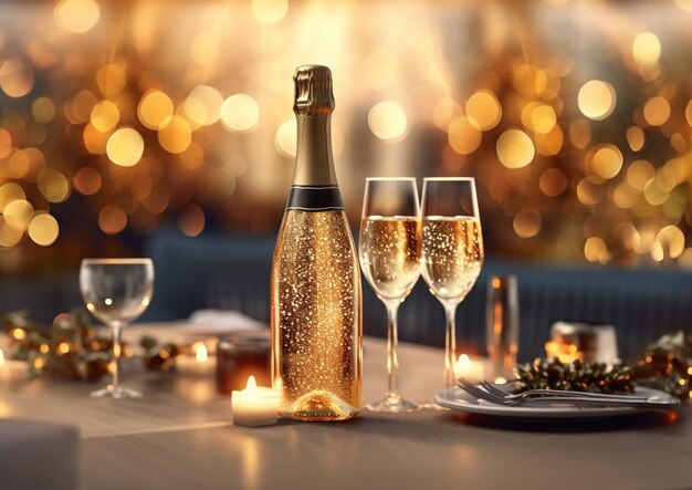 Foto luxe champagne fles met glazen op tafel in een chique restaurant ai generative