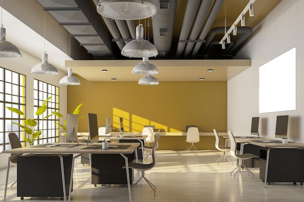 Luxe coworking kantoorinterieur met meubelraam met uitzicht op de stad en daglicht 3D Rendering