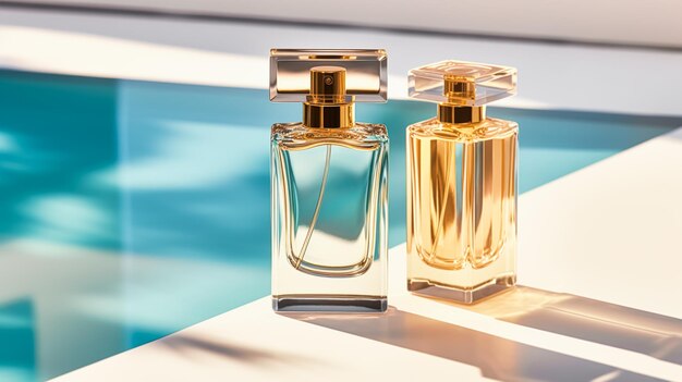 Foto luxe damesgeurfles parfumgeur bij het zwembad in de zomer op maat gemaakte parfumerie en schoonheidsproductverkoop commerciële nabewerkte generatieve ai