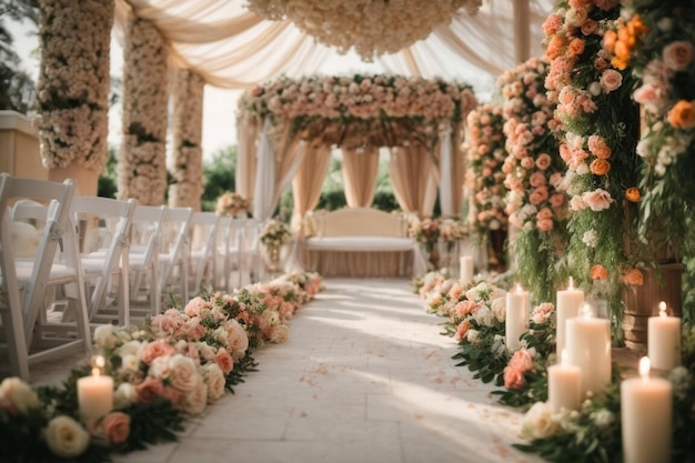 Luxe decorelementen met een boog en bloemen in pastelkleuren voor een huwelijksceremonie buiten