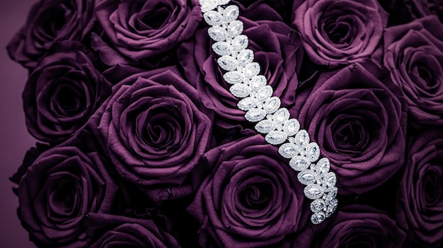 Luxe diamanten sieraden armband en paarse rozen bloemen liefde cadeau op Valentijnsdag en sieraden merk vakantie achtergrondontwerp