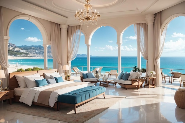 Luxe eetkamer met luxe tafel en stoelen met uitzicht op de oceaan met natuurlijk licht
