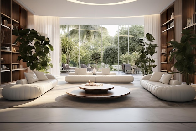 Luxe eigentijdse lounge met binnentuin, minimaal interieurontwerp