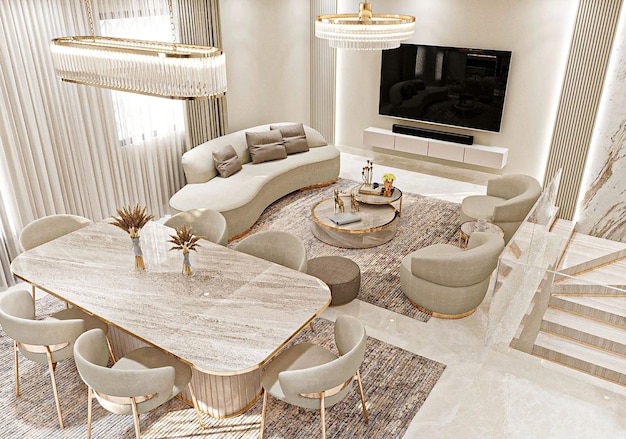 Luxe elegante witte gouden woonkamer ontwerp