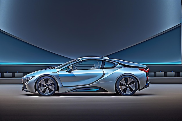 Luxe en een zilveren BMW i8 onder de lichten in de showroom van de Istanbul Turkey International Auto Show