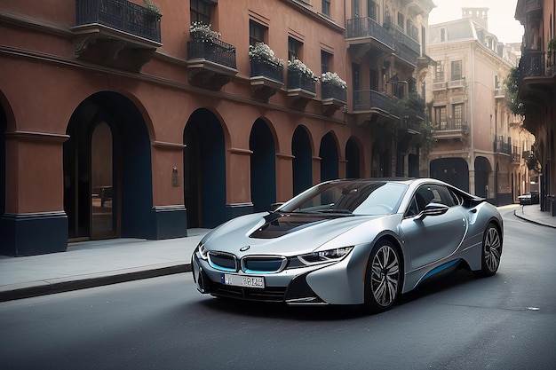 Luxe en een zilveren BMW i8 onder de lichten in de showroom van de Istanbul Turkey International Auto Show