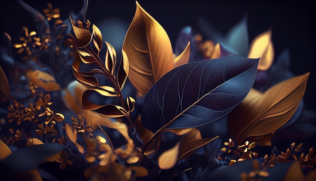 Luxe en elegante blauwe en gouden stofbloemen en takbladeren op donkerblauwe achtergrond Vintage bloemendecoratie Plat lag bovenaanzicht fantastische plant 3d illustratie Generatieve Ai