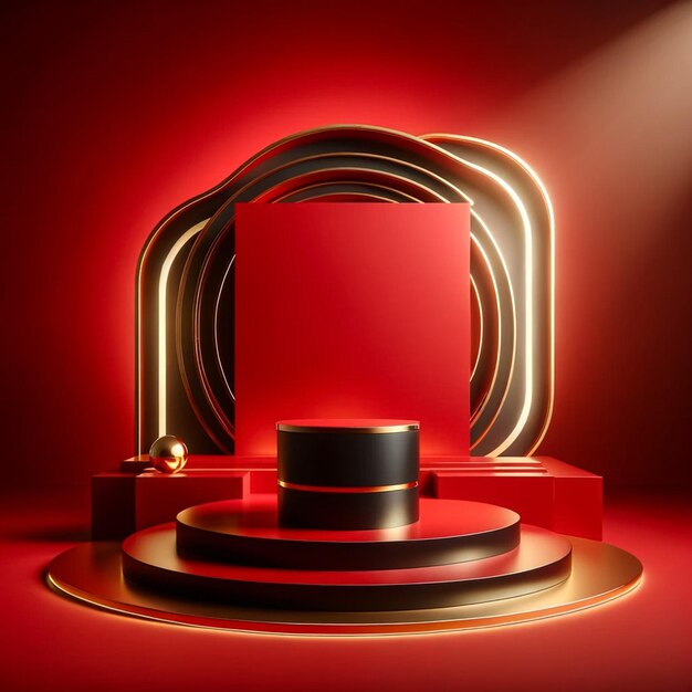 luxe en moderne 3D-scene met een podium op een levendige rode achtergrond